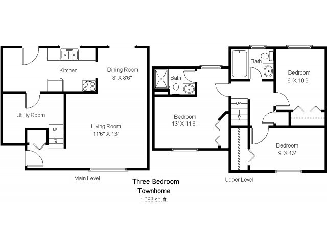 Floor plan for 3 beds, 2 baths, 1083 sqft
